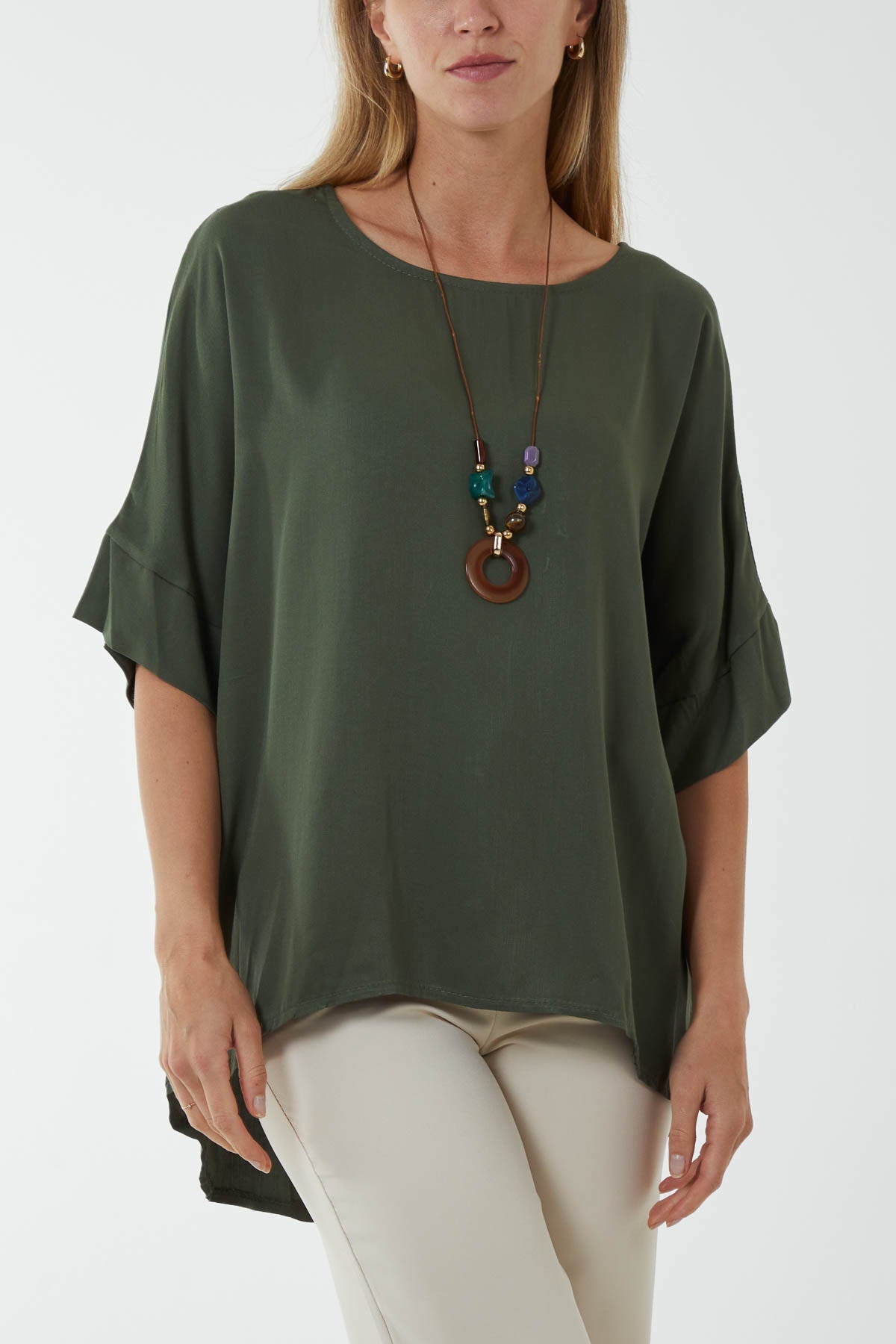 Button Back Asymmetric Necklace Top Tops WearAll Khaki One Size