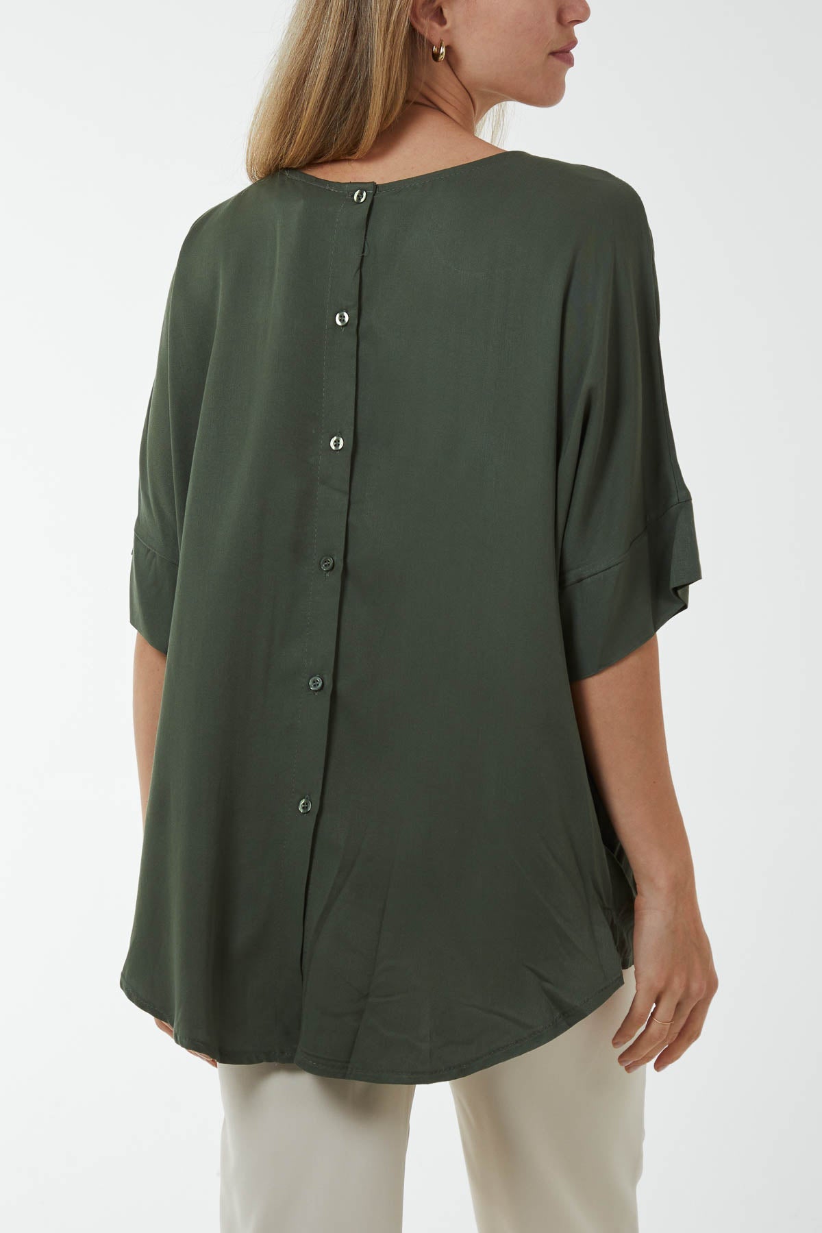 Button Back Asymmetric Necklace Top Tops WearAll