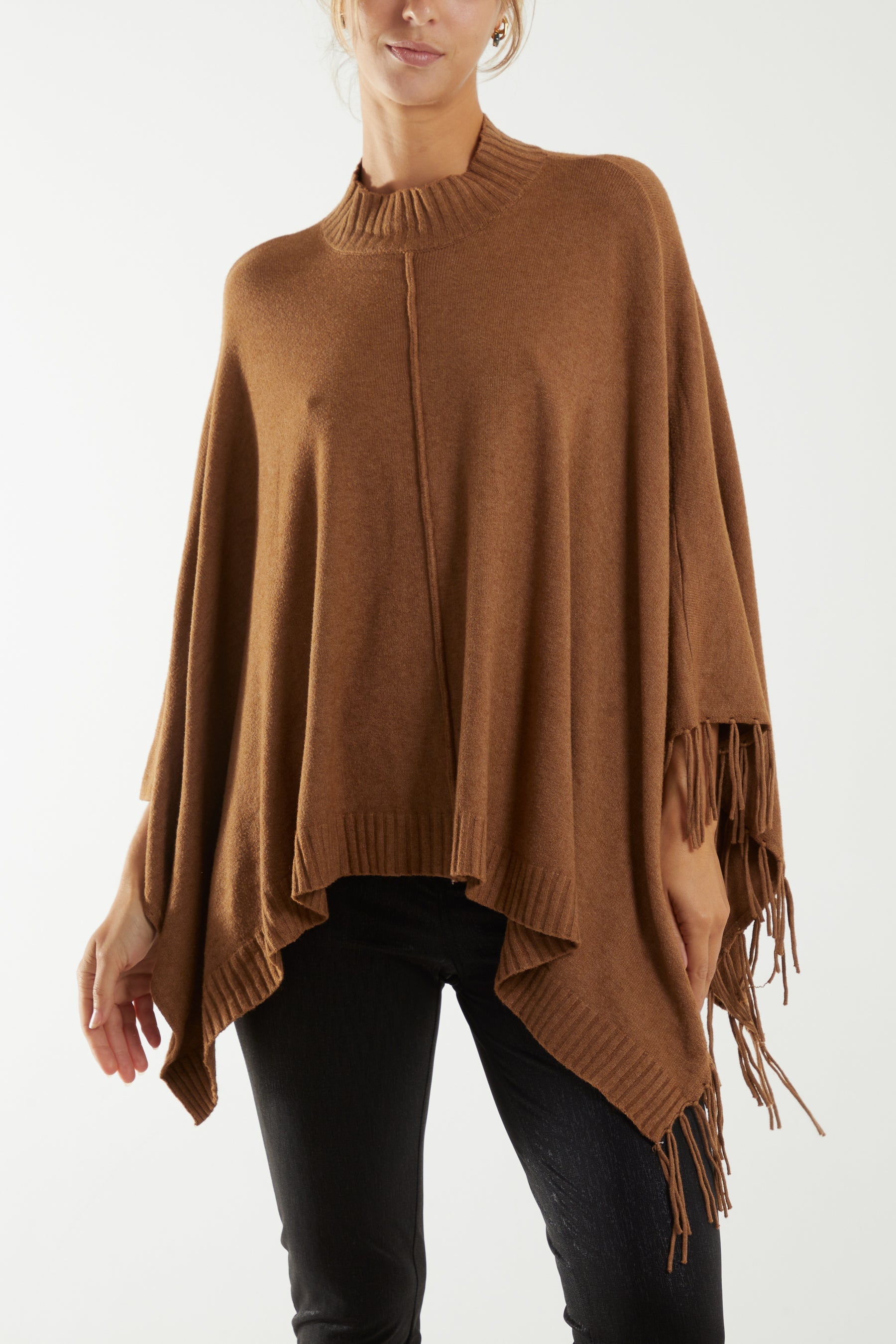 Turtle Neck Fringed Poncho Ponchos WearAll