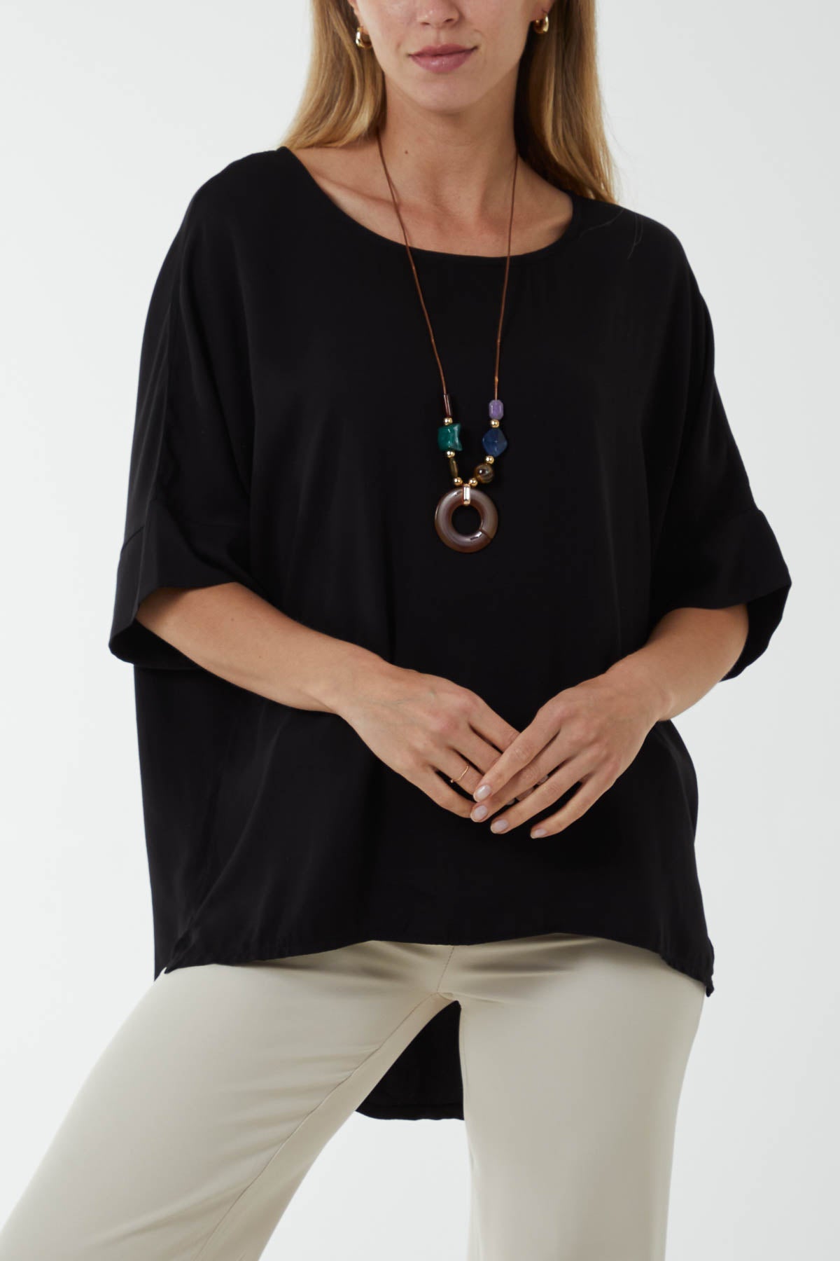 Button Back Asymmetric Necklace Top Tops WearAll Black One Size