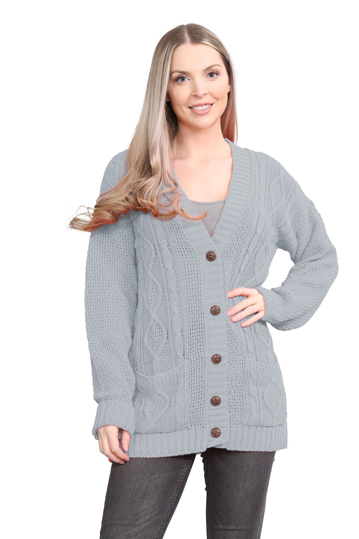 Cable Knitted Button Cardigan Knitted Cardigan WearAll Grey 8-10