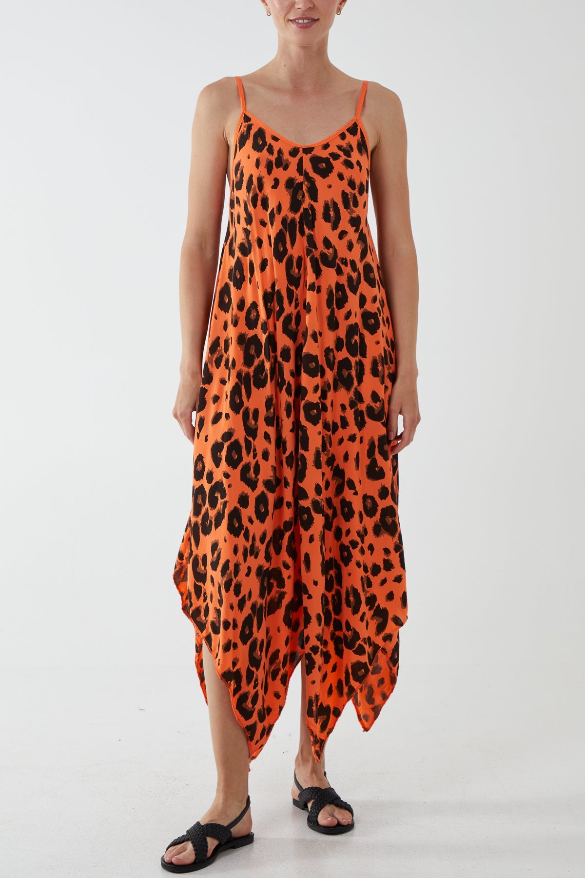 Hanky Hem Leopard Print Dress DMF2 WearAll Orange One Size