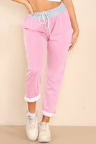 Italian Thin Stripes Print Drawstring Cotton Joggers Trouser WearAll Pink 8
