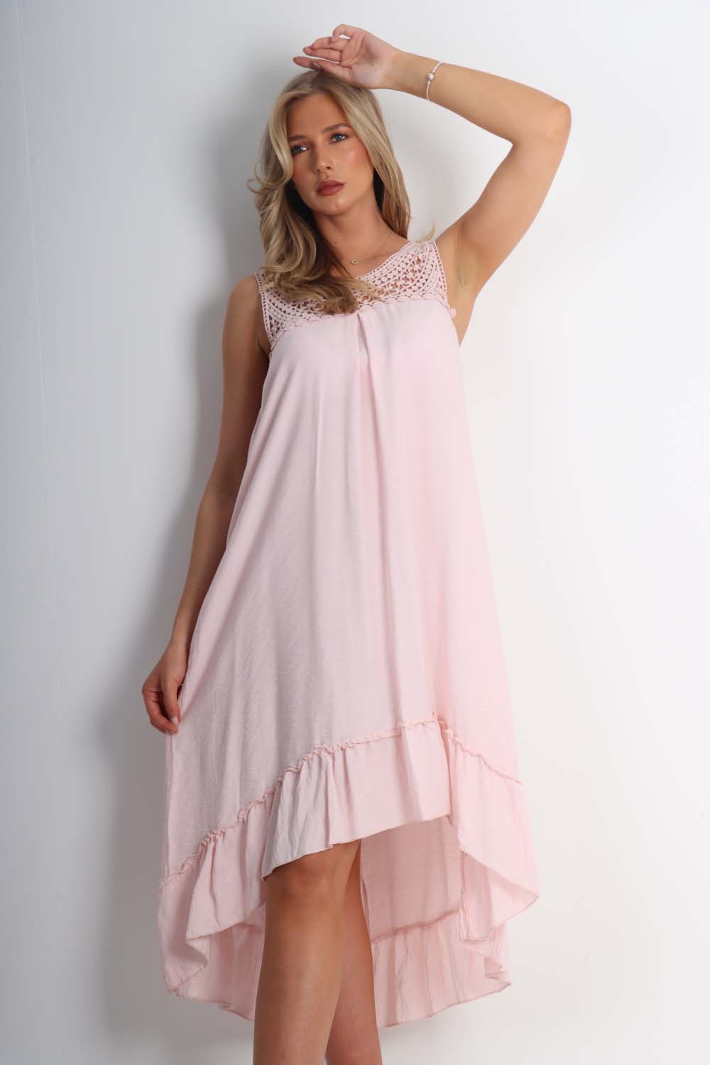Italian Lace Neckline Dipped Hem Dress Dress WearAll