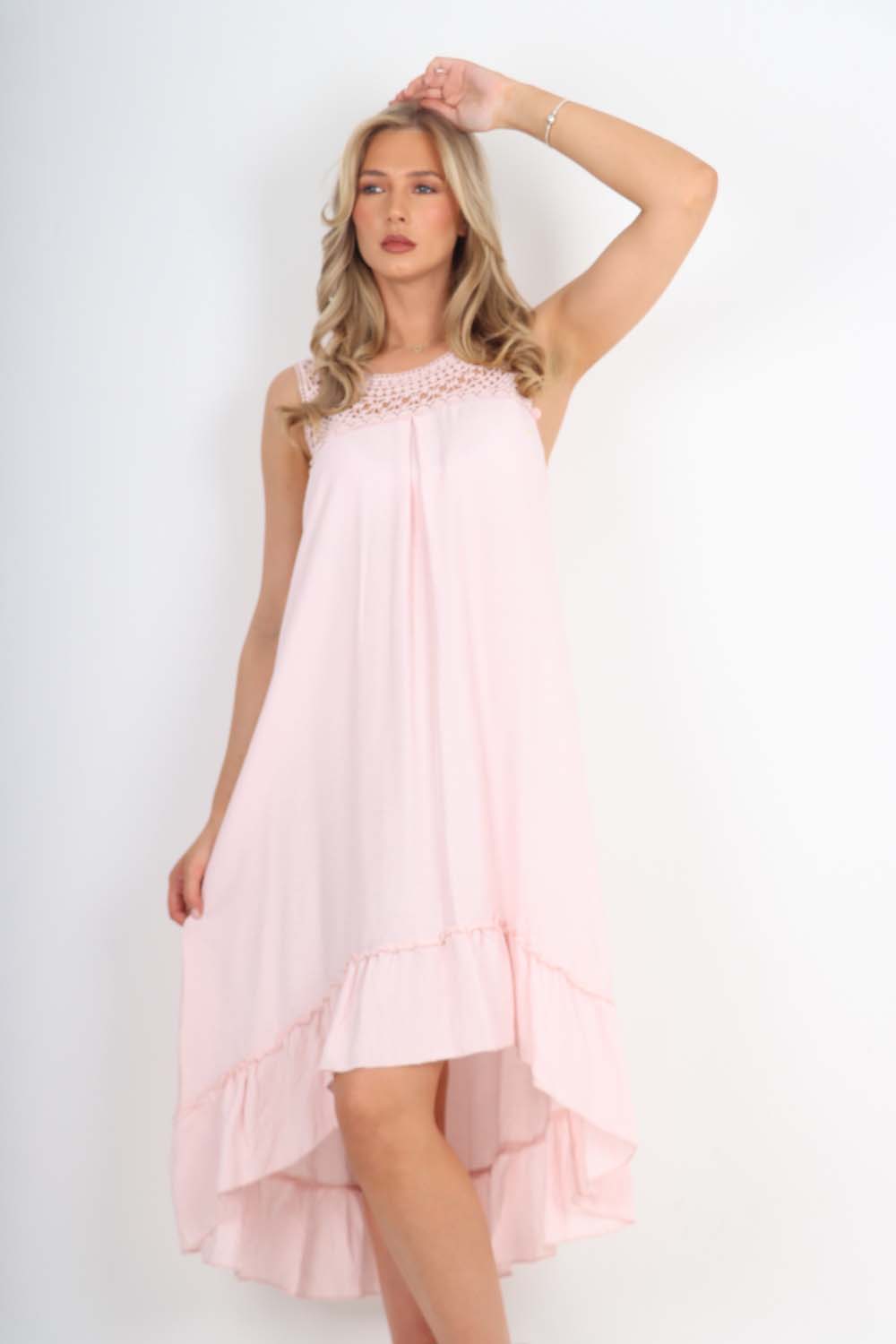 Italian Lace Neckline Dipped Hem Dress Dress WearAll Baby Pink One Size (Fits UK 10-18)