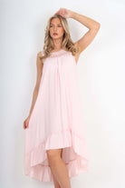Italian Lace Neckline Dipped Hem Dress Dress WearAll Baby Pink One Size (Fits UK 10-18)