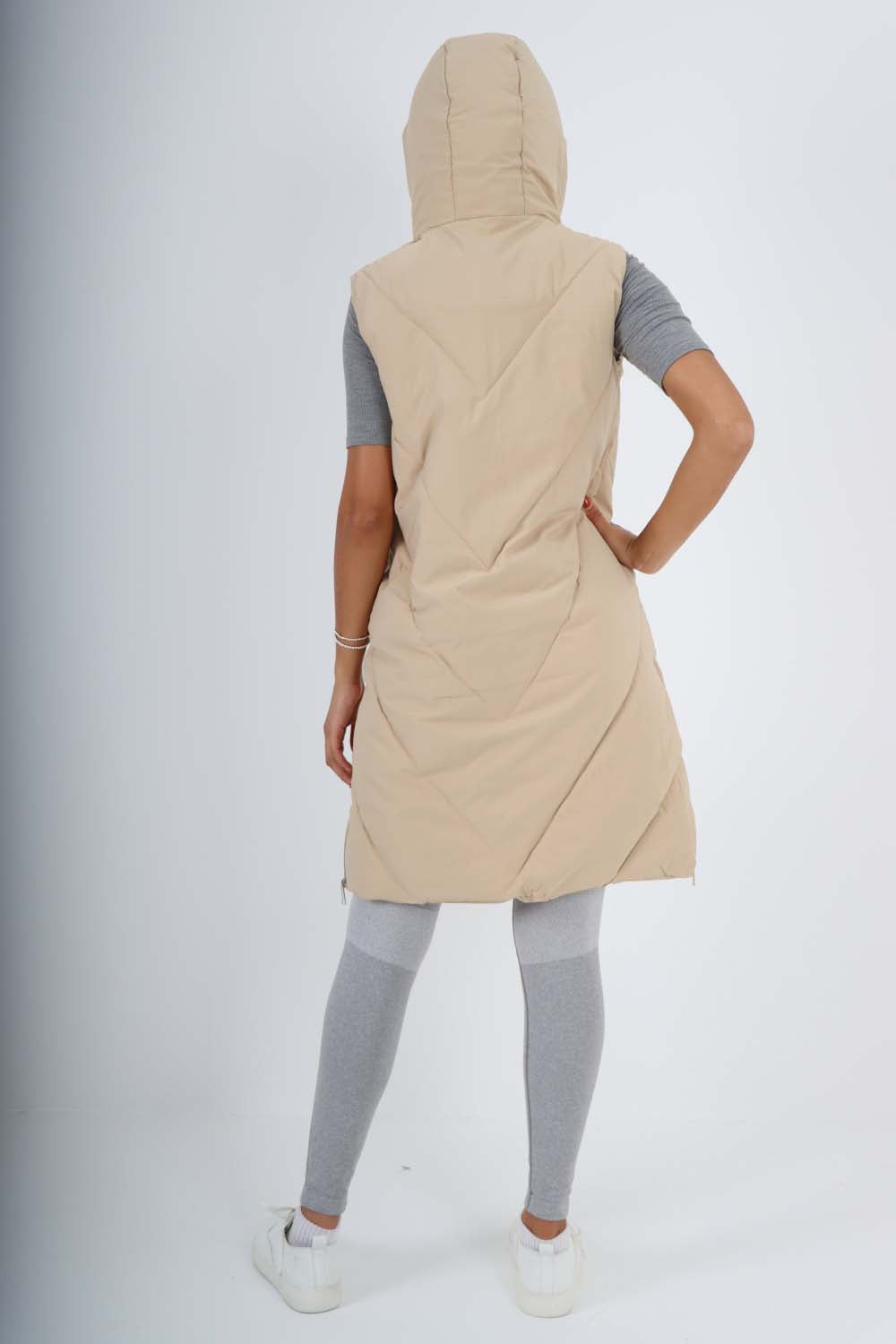 Italian Padded Pockets Hooded Zip up Long Gilet Jackets & Coat WearAll