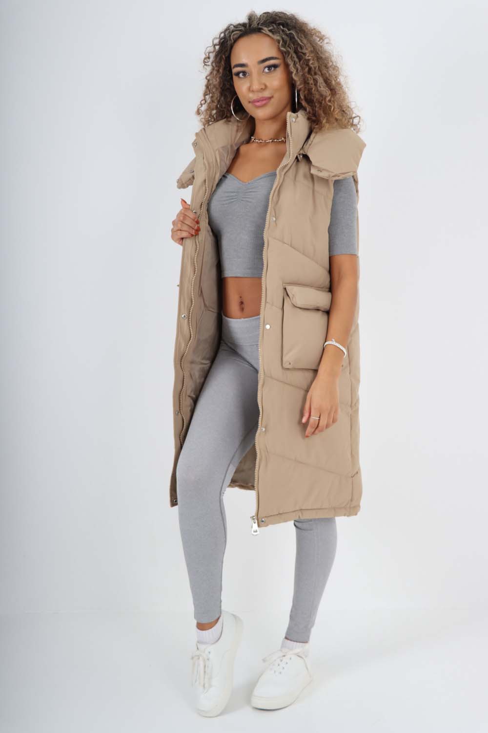 Italian Padded Pockets Hooded Long Gilet Jackets & Coat WearAll