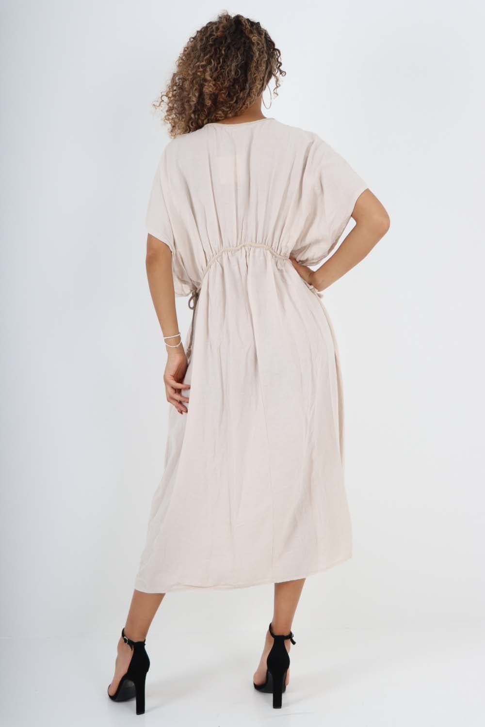 Italian Drawestring Front Flared Linen Dress Dress WearAll