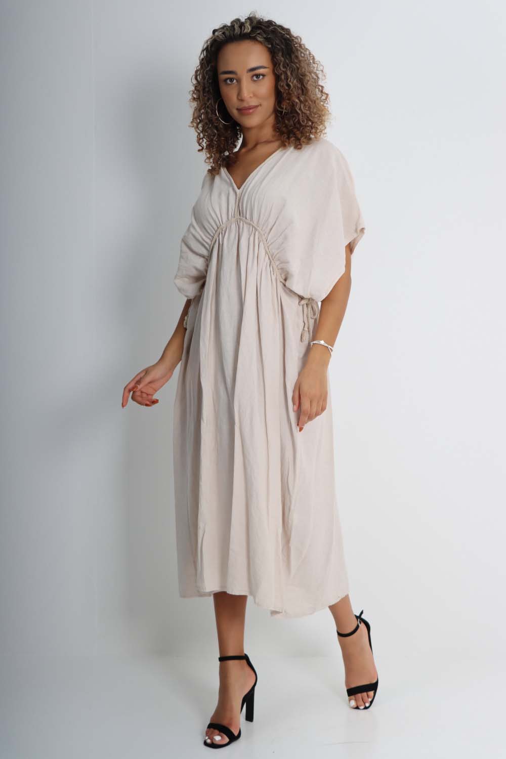 Italian Drawestring Front Flared Linen Dress Dress WearAll