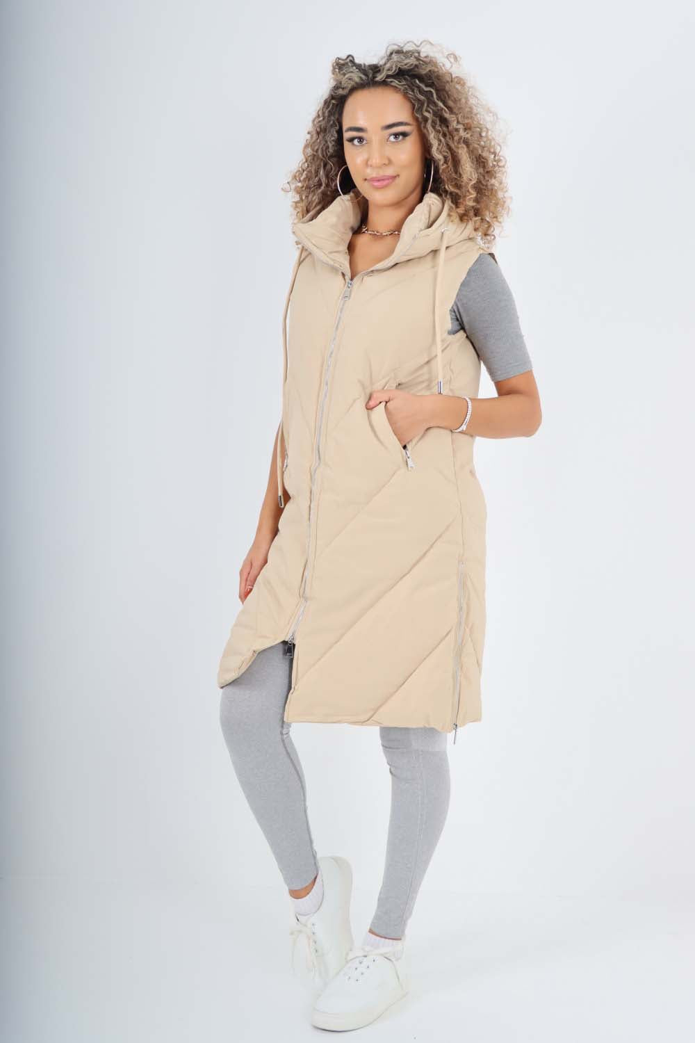 Italian Padded Pockets Hooded Zip up Long Gilet Jackets & Coat WearAll