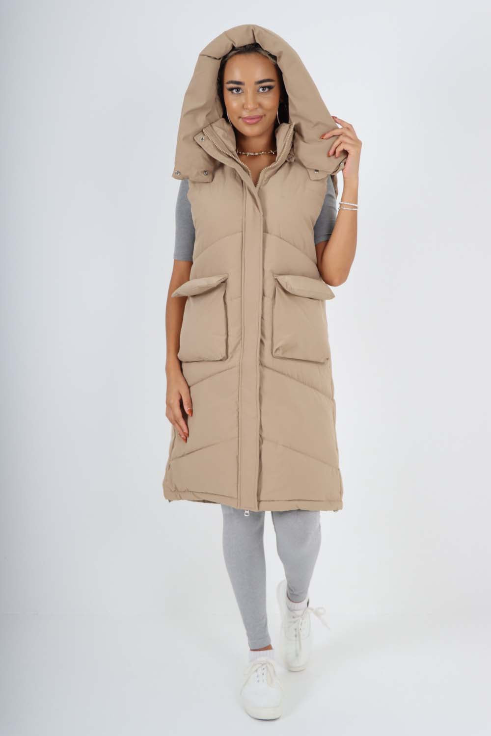 Italian Padded Pockets Hooded Long Gilet Jackets & Coat WearAll