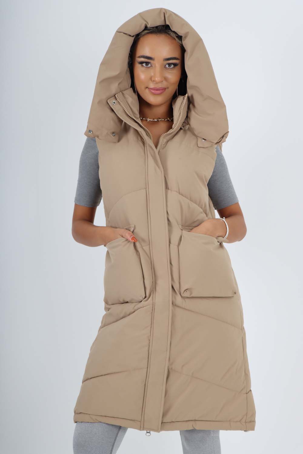 Italian Padded Pockets Hooded Long Gilet Jackets & Coat WearAll Beige One Size(Fits UK 10-18)