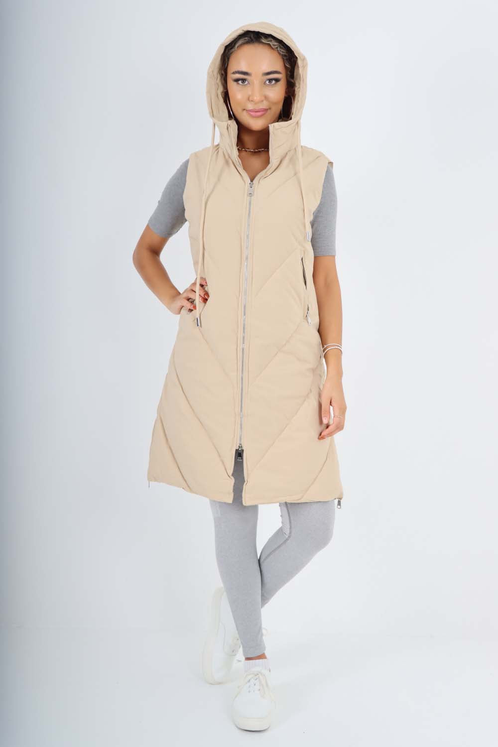 Italian Padded Pockets Hooded Zip up Long Gilet Jackets & Coat WearAll