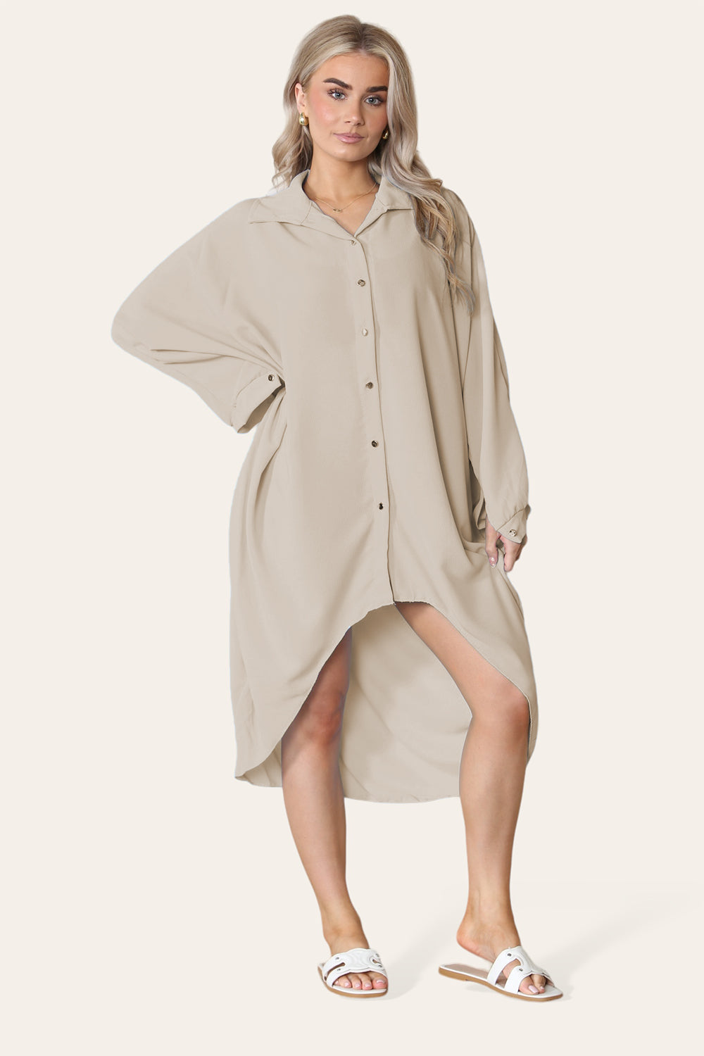 High-Low Oversized Button Long Top Shirt Dress with Hem and Long Sleeves Dress WearAll Beige One Size UK Fit (14 to 22)