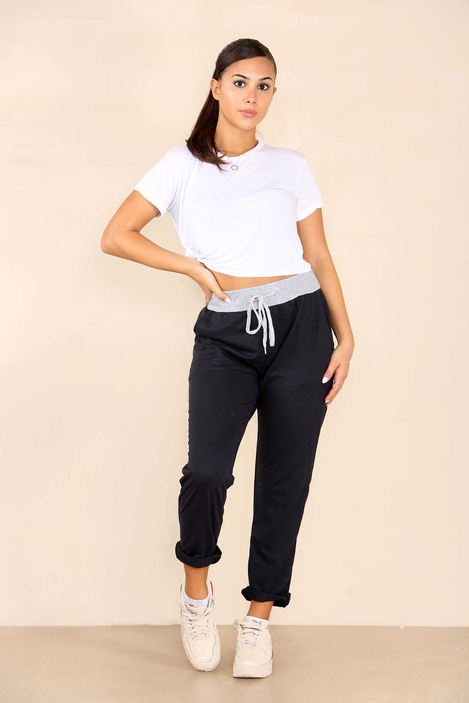 Italian Plain Drawstring Cotton Joggers Trouser WearAll Black 8
