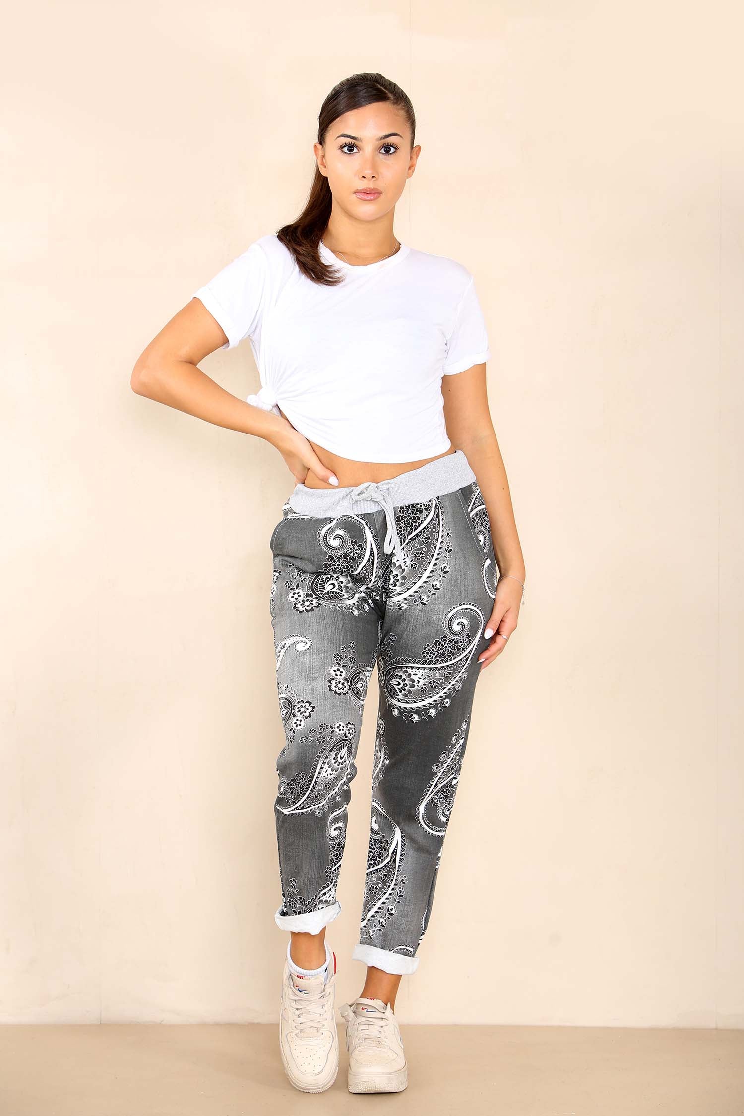 Italian Paisley Print Drawstring Cotton Joggers Trouser WearAll Black 8