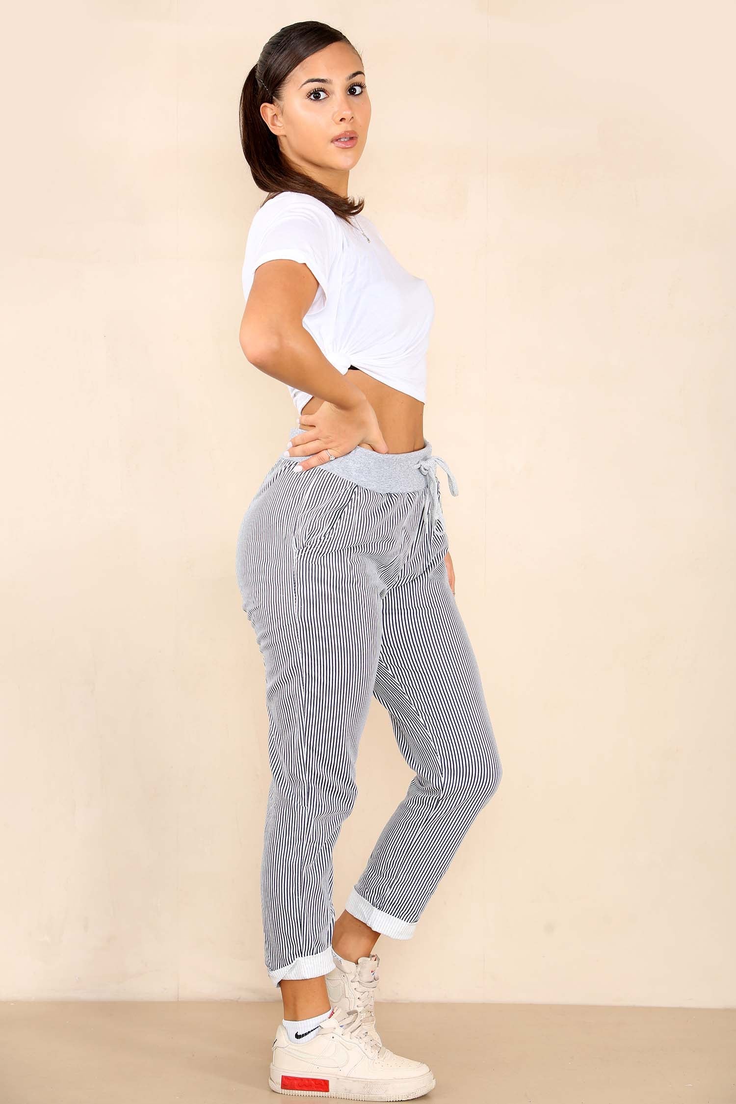 Italian Thin Stripes Print Drawstring Cotton Joggers Trouser WearAll