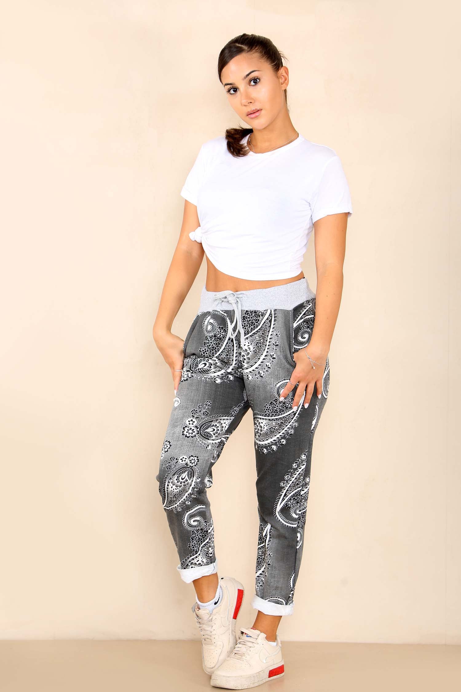 Italian Paisley Print Drawstring Cotton Joggers Trouser WearAll