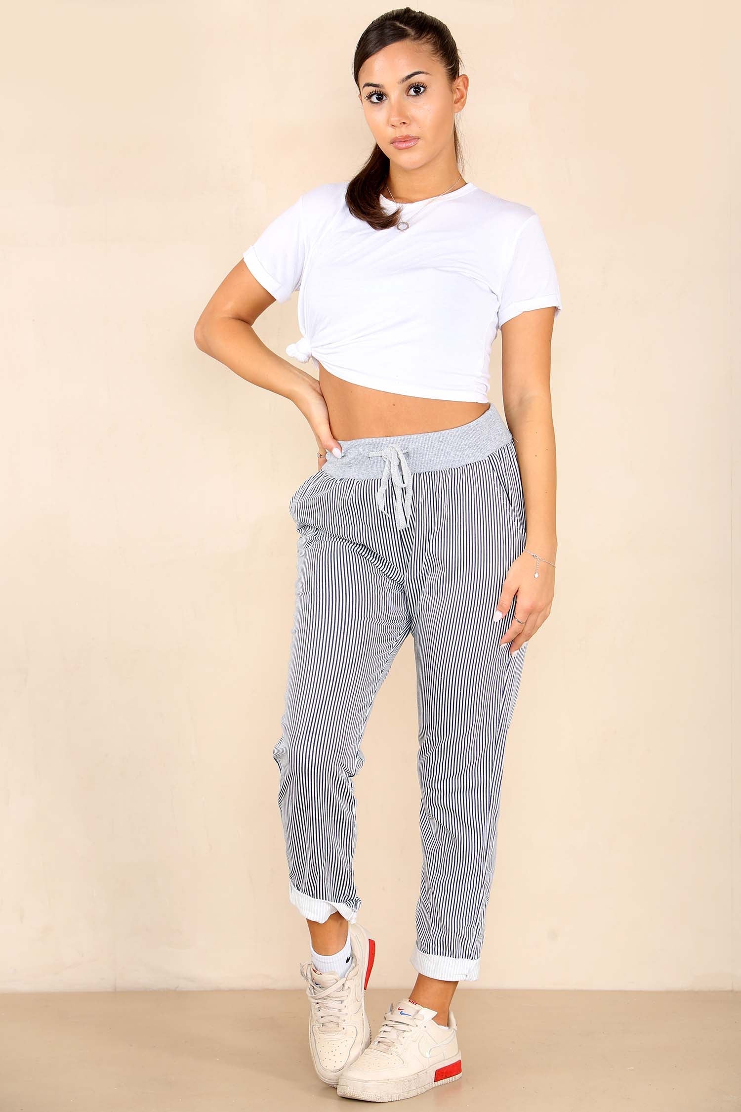 Italian Thin Stripes Print Drawstring Cotton Joggers Trouser WearAll
