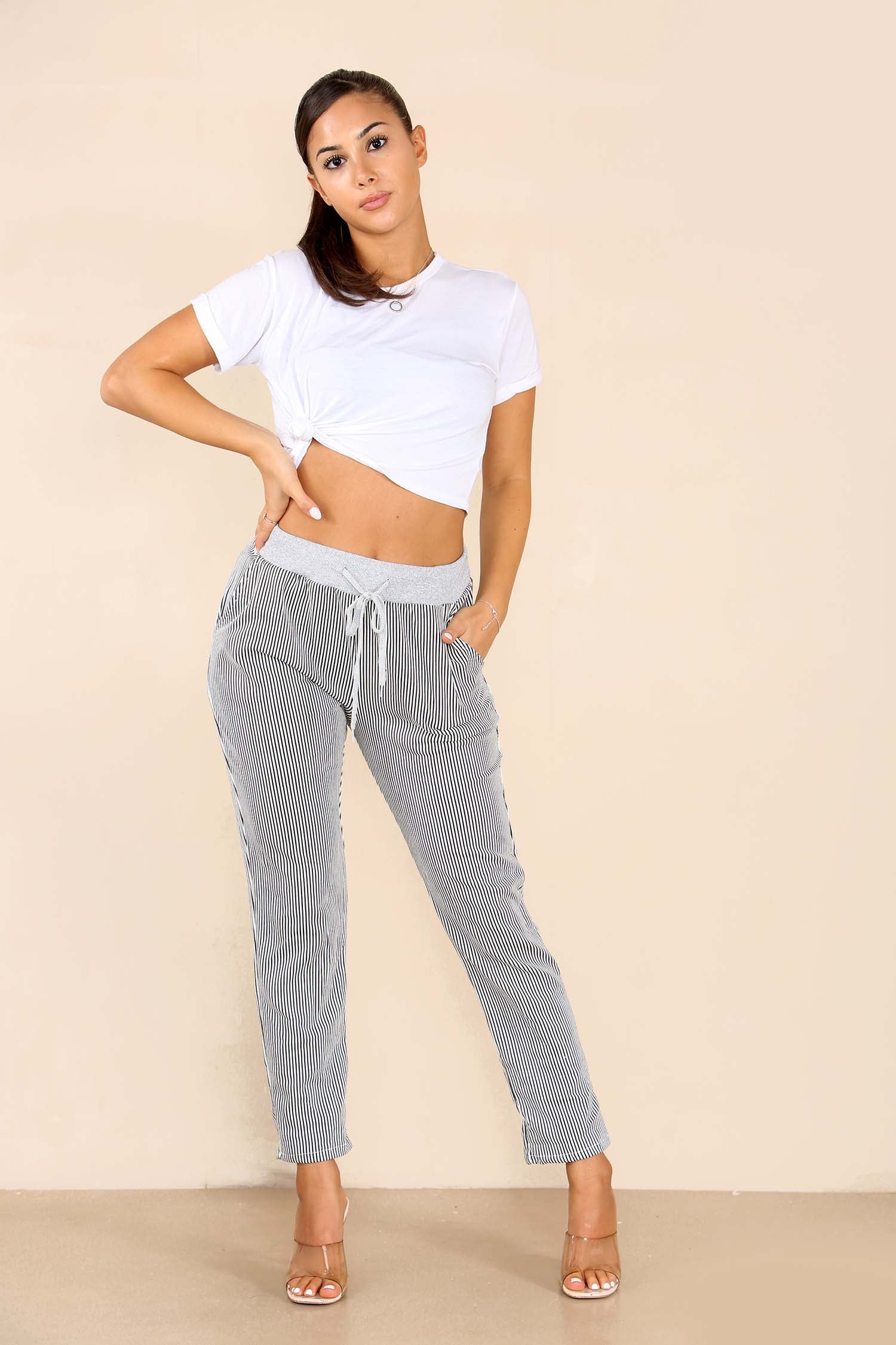 Plus Size Italian Thin Stripes Print Drawstring Cotton Joggers Trouser WearAll