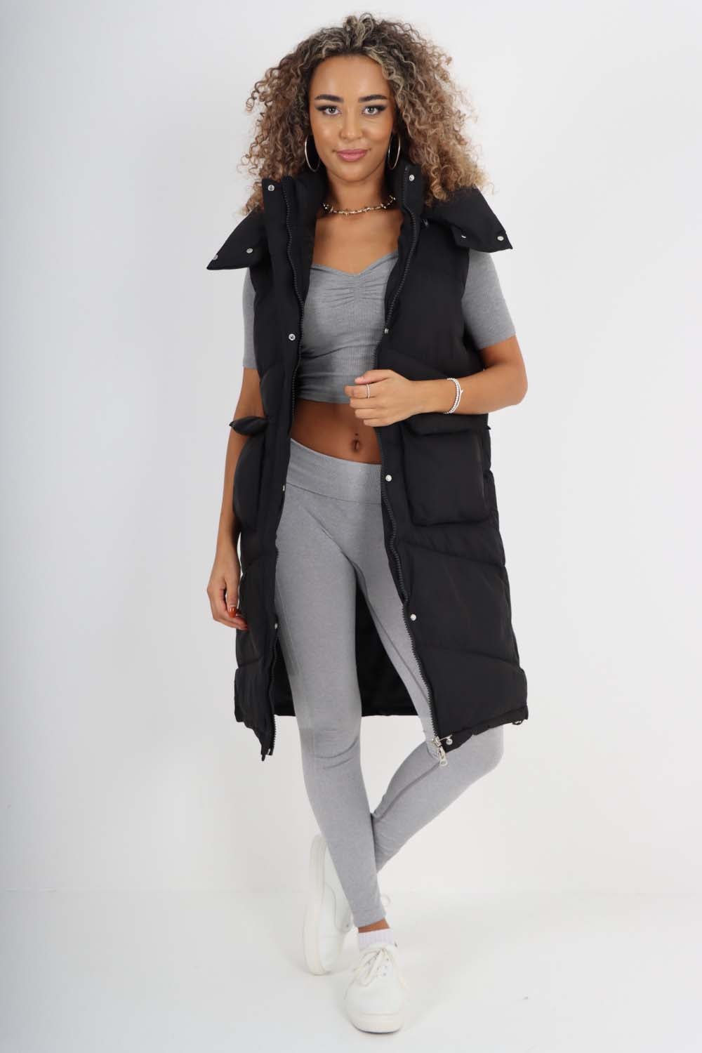 Italian Padded Pockets Hooded Long Gilet Jackets & Coat WearAll