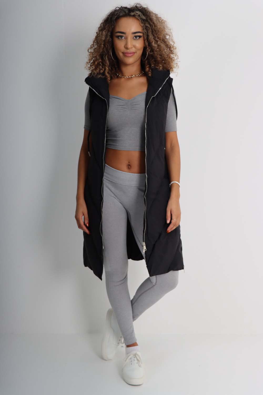 Italian Padded Pockets Hooded Zip up Long Gilet Jackets & Coat WearAll