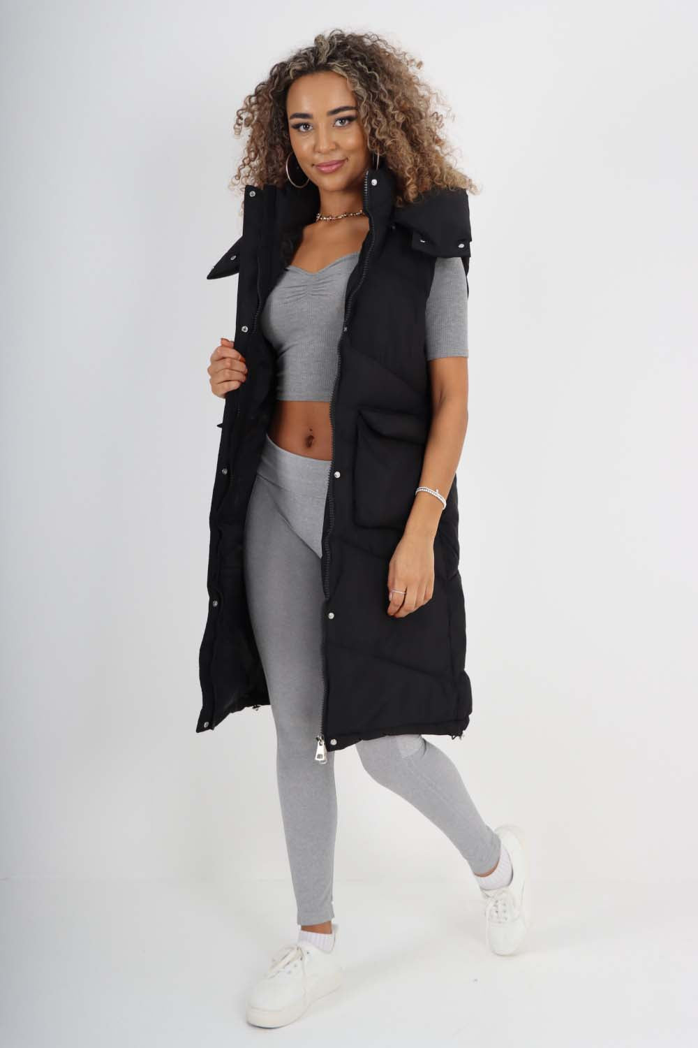 Italian Padded Pockets Hooded Long Gilet Jackets & Coat WearAll