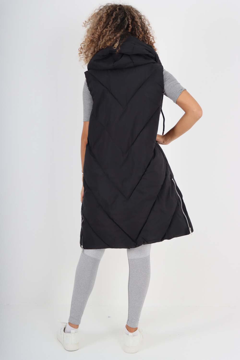 Italian Padded Pockets Hooded Zip up Long Gilet Jackets & Coat WearAll