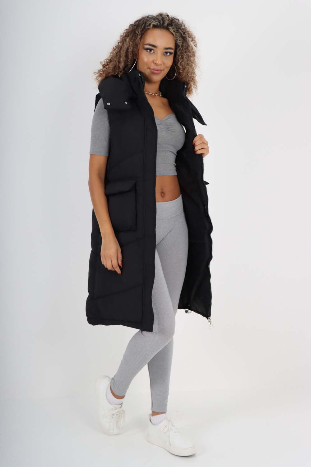 Italian Padded Pockets Hooded Long Gilet Jackets & Coat WearAll