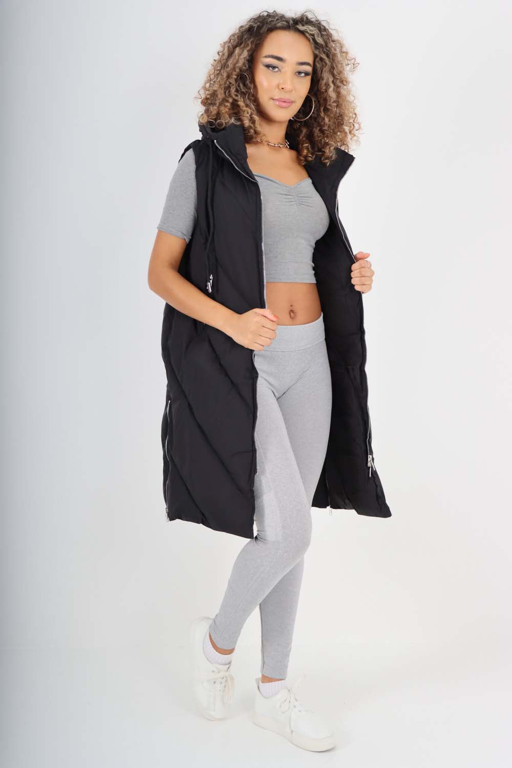 Italian Padded Pockets Hooded Zip up Long Gilet Jackets & Coat WearAll