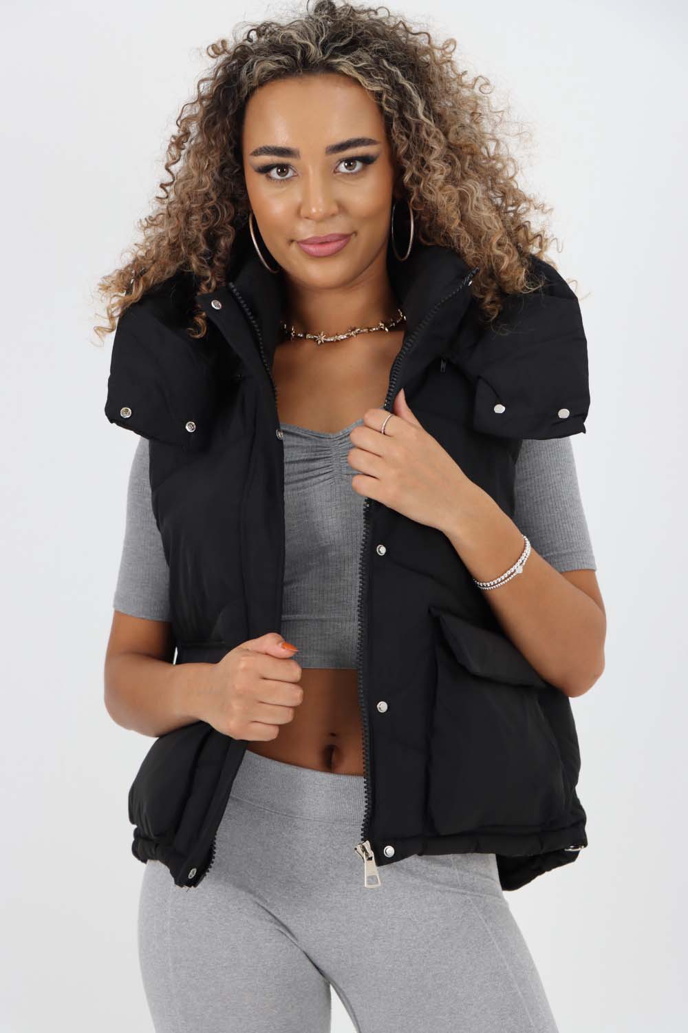 Italian Padded Pockets Hooded Gilet Jackets & Coat WearAll Black One Size(Fits UK 8-16)