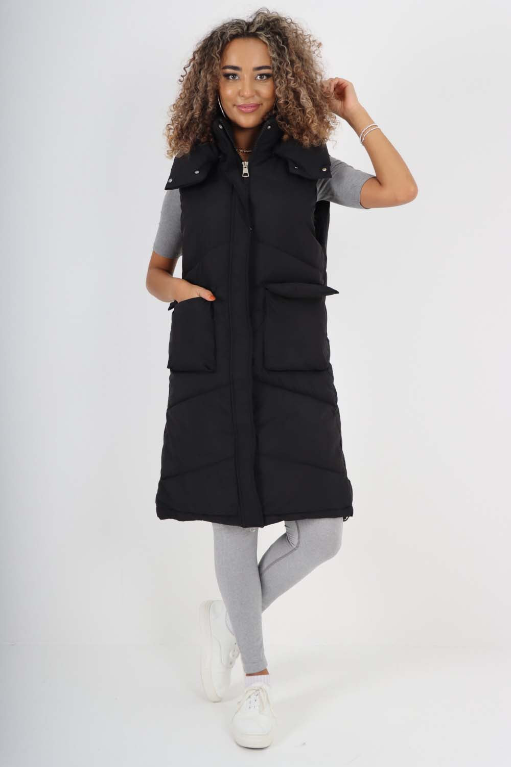 Italian Padded Pockets Hooded Long Gilet Jackets & Coat WearAll