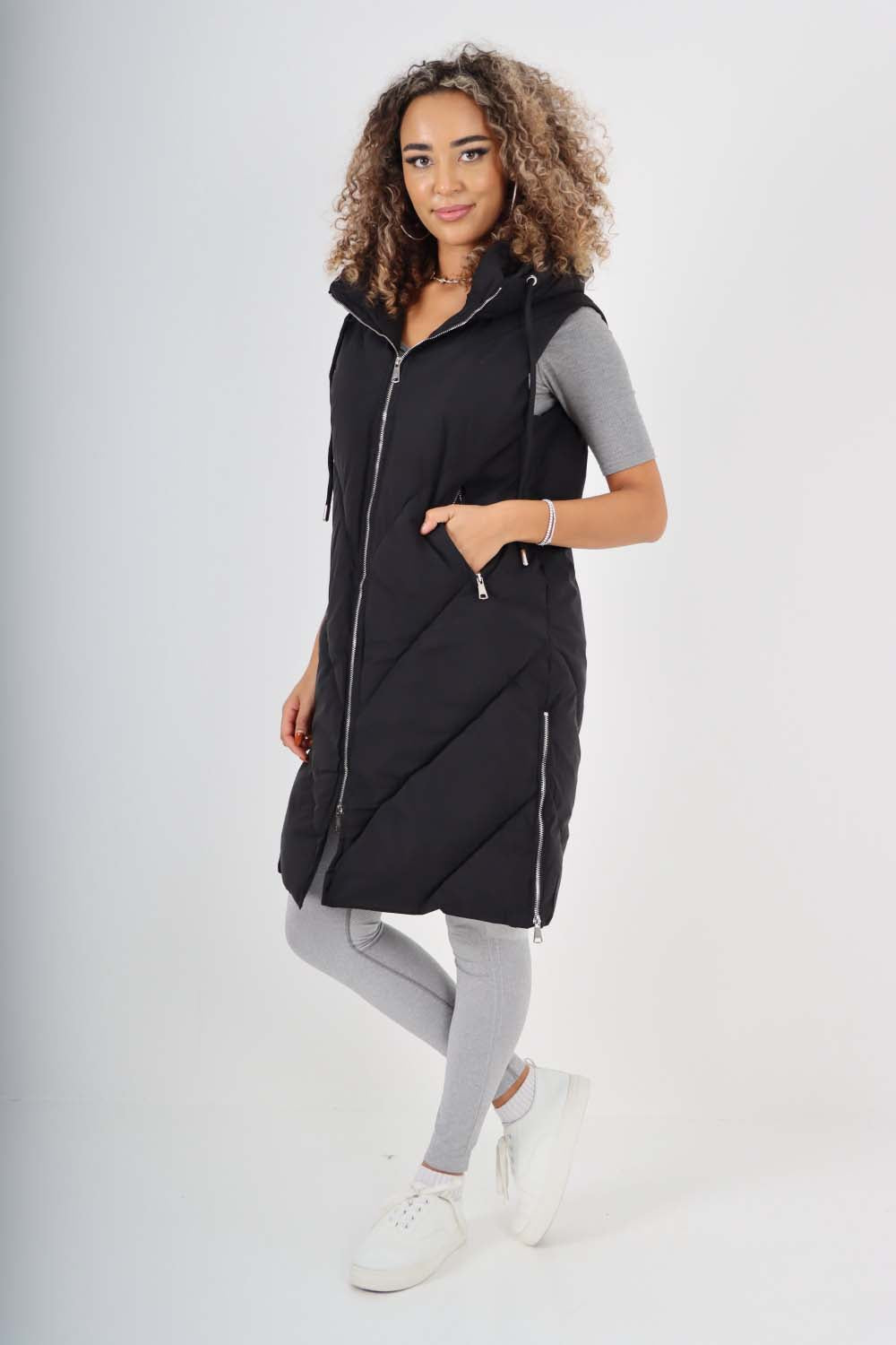 Italian Padded Pockets Hooded Zip up Long Gilet Jackets & Coat WearAll