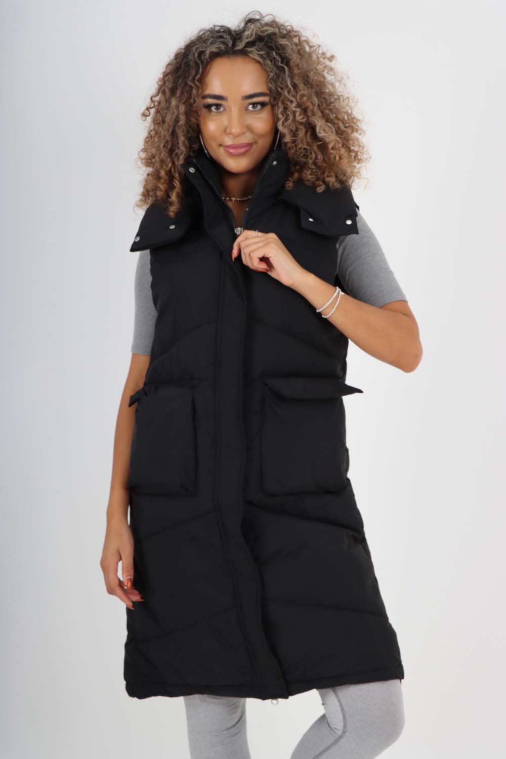 Italian Padded Pockets Hooded Long Gilet Jackets & Coat WearAll Black One Size(Fits UK 10-18)