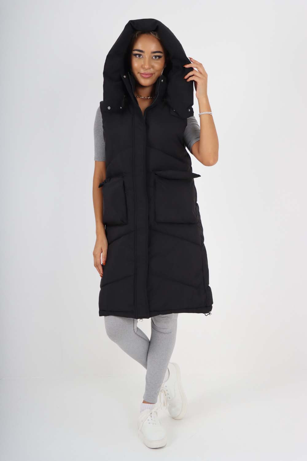 Italian Padded Pockets Hooded Long Gilet Jackets & Coat WearAll