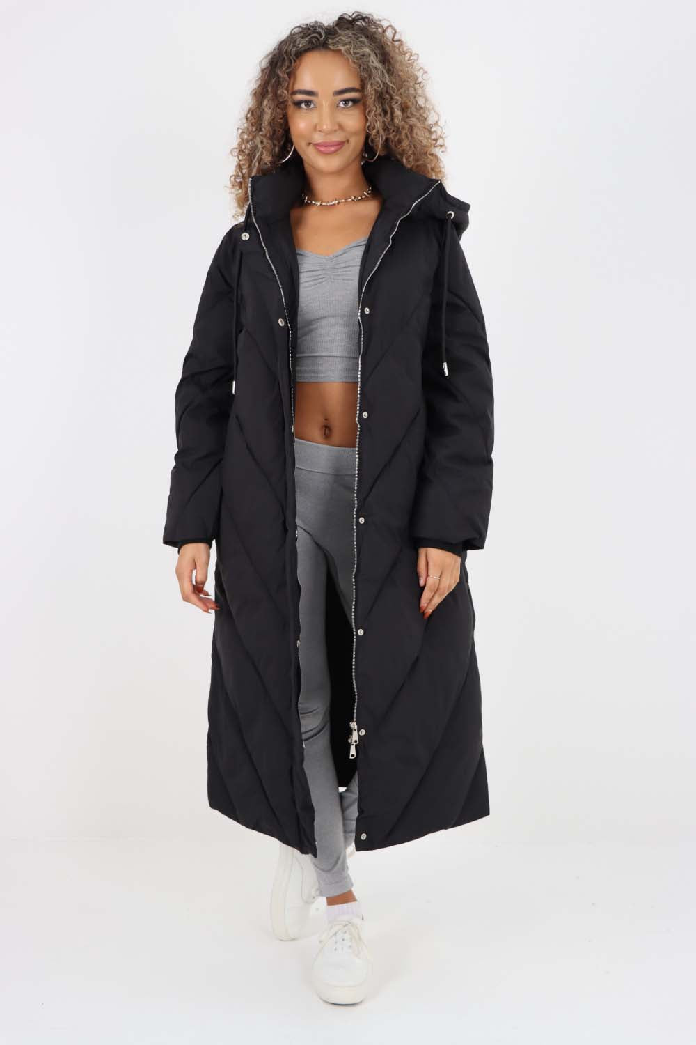 Italian Quilted Hooded Long Jacket Coat Jackets & Coat WearAll Black One Size (8-18)