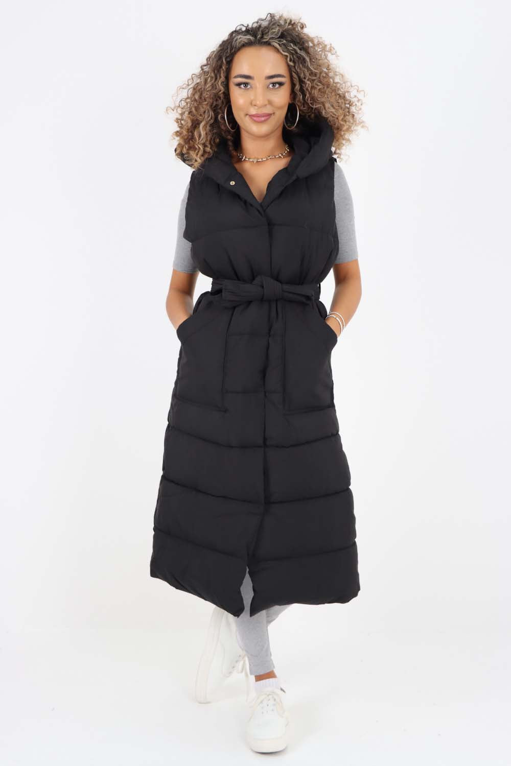 Italian Belted Hooded Long Gilet Jackets & Coat WearAll Black One Size(Fits UK 10-18)