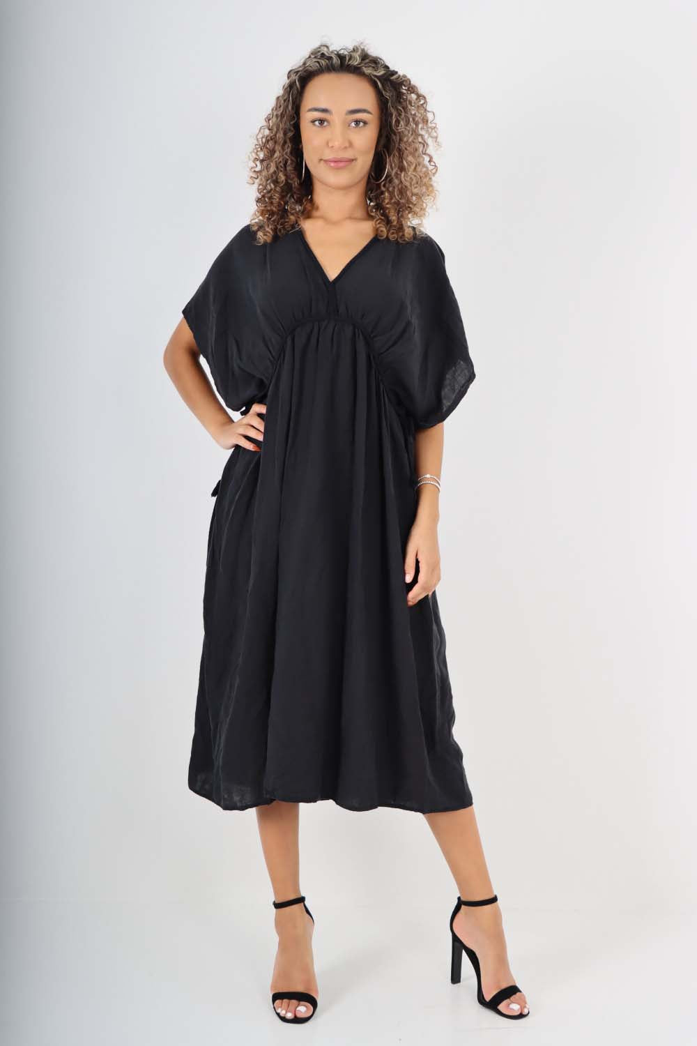 Italian Drawestring Front Flared Linen Dress Dress WearAll Black One Size (Fits UK 12-22)