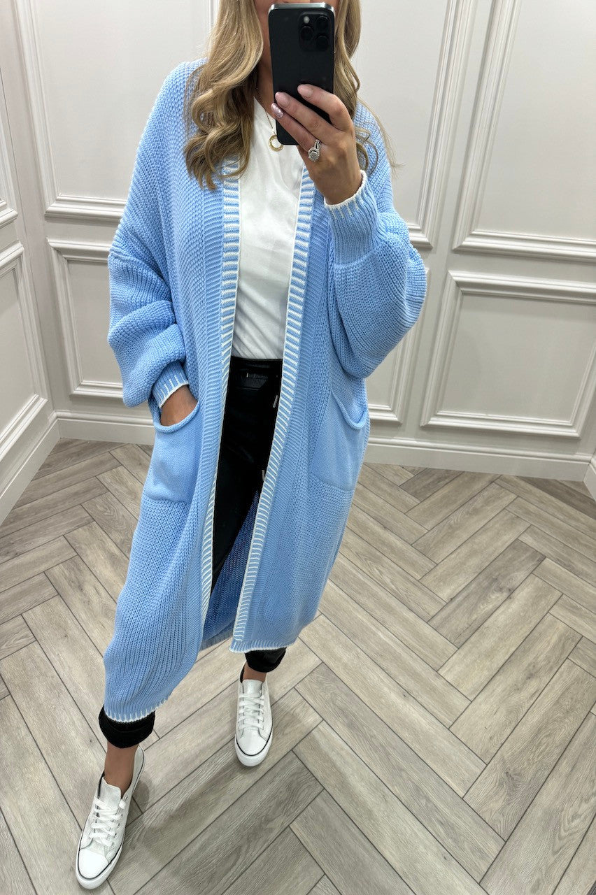 BLANKET STITCH HEM LONGLINE CARDIGAN One Size (8-18) Knitted Cardigan WearAll Sky One Size