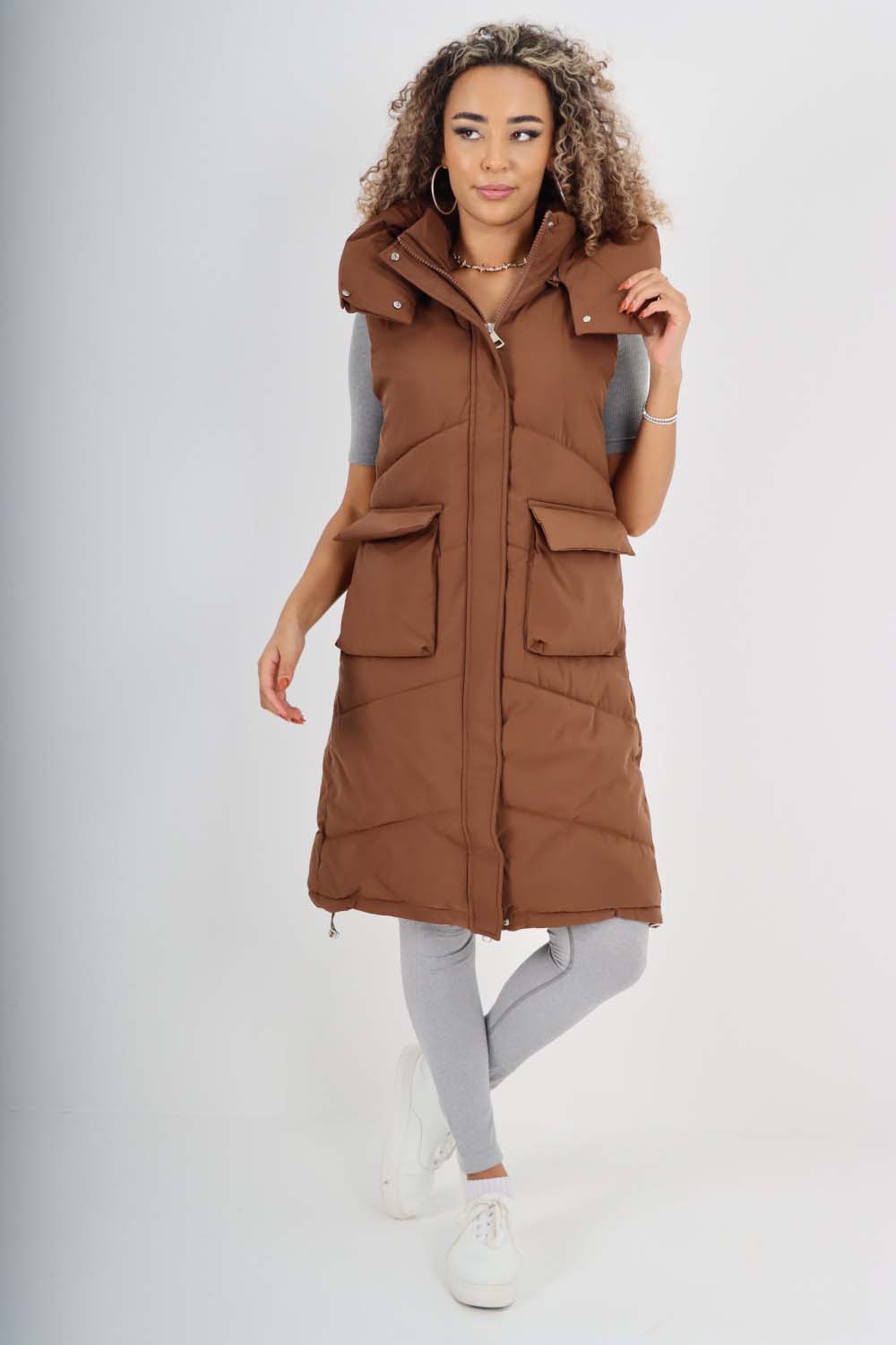 Italian Padded Pockets Hooded Long Gilet Jackets & Coat WearAll