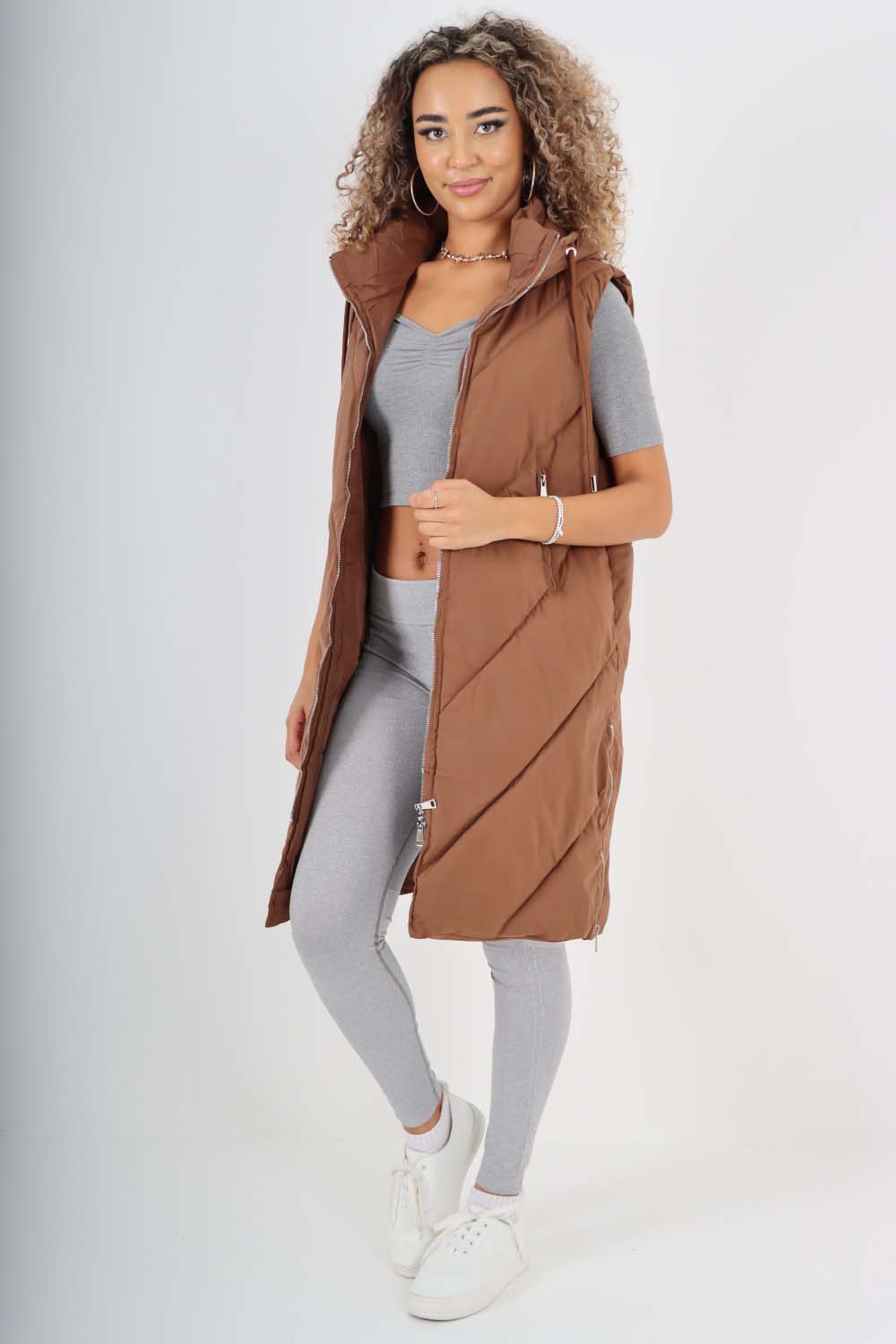 Italian Padded Pockets Hooded Zip up Long Gilet Jackets & Coat WearAll