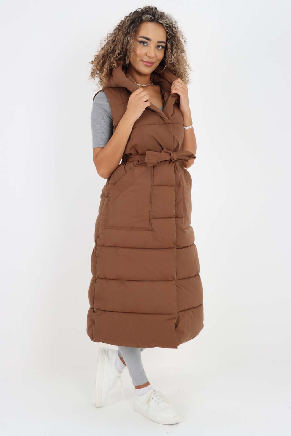 Italian Belted Hooded Long Gilet Jackets & Coat WearAll Brown One Size(Fits UK 10-18)