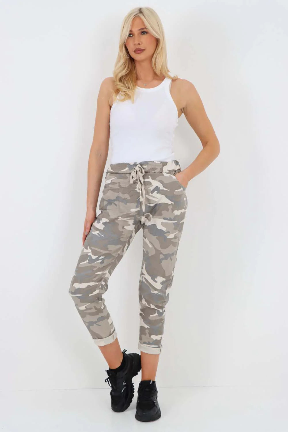 Italian Drawstring Camo Side Pockets Trousers Trouser WearAll Beige 8