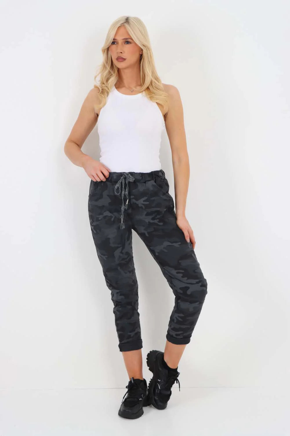 Italian Drawstring Camo Side Pockets Trousers Trouser WearAll Black 8