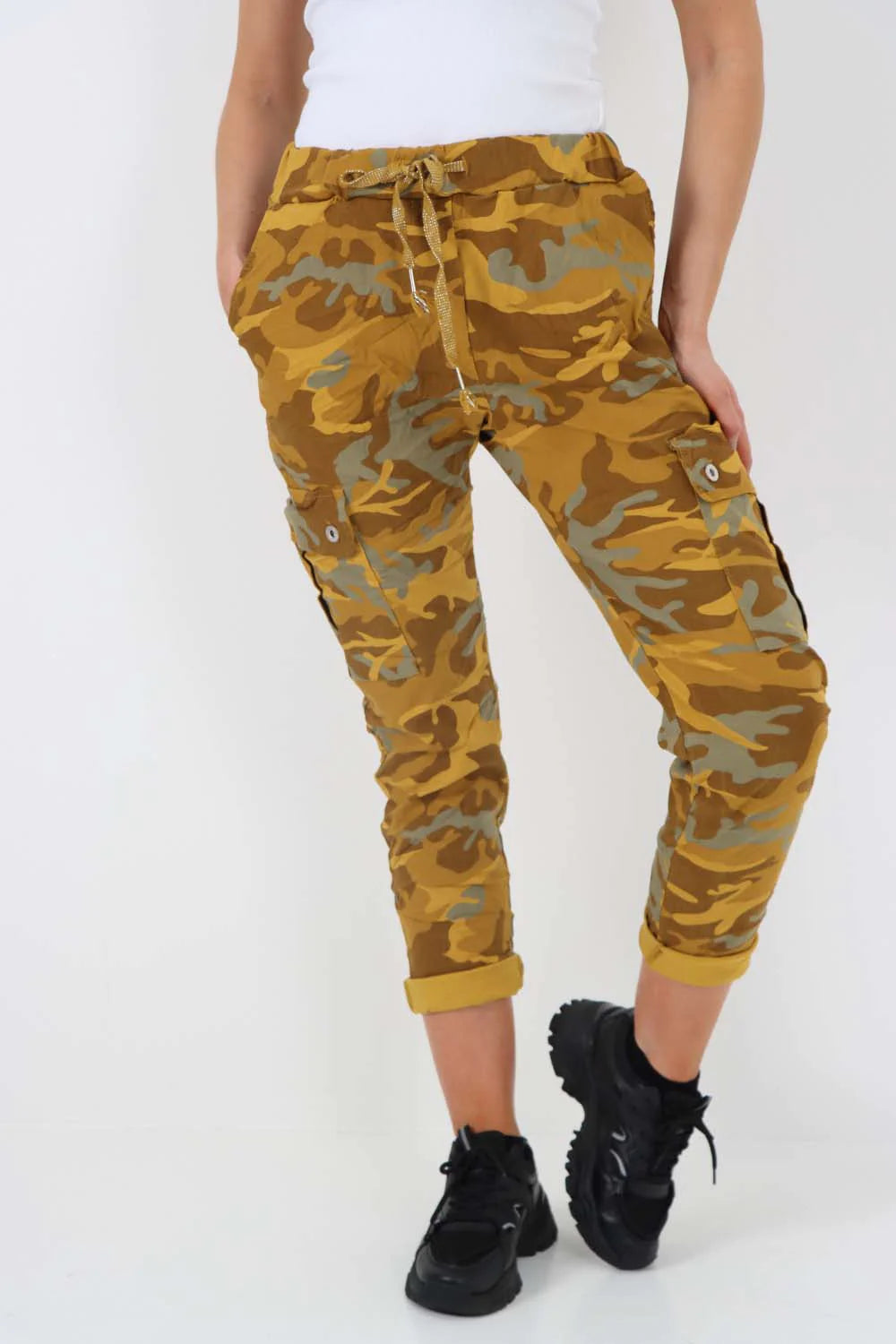 Plus Size Italian Drawstring Camo Side Pockets Cargo Trousers Trouser WearAll