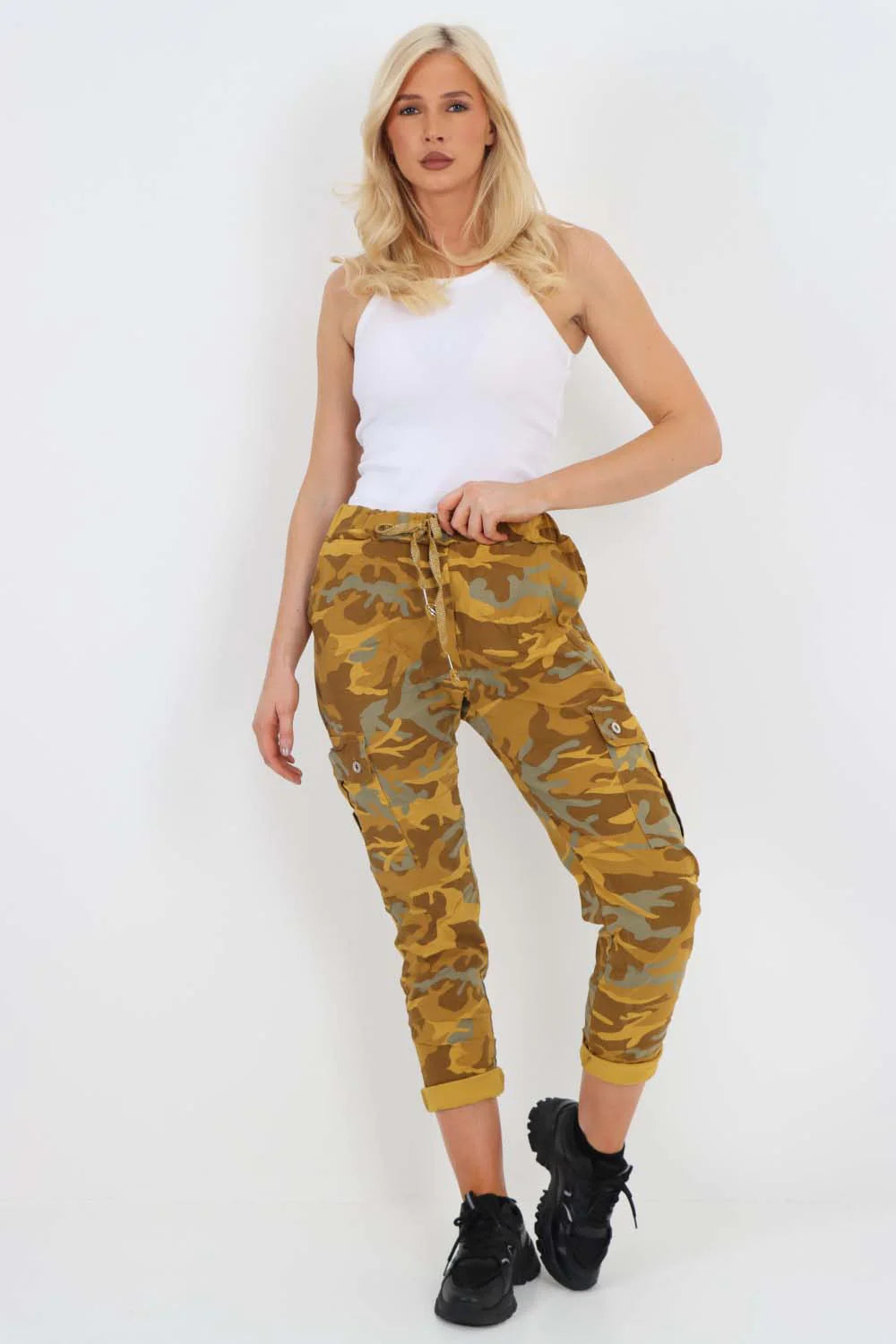 Plus Size Italian Drawstring Camo Side Pockets Cargo Trousers Trouser WearAll Mustard 16