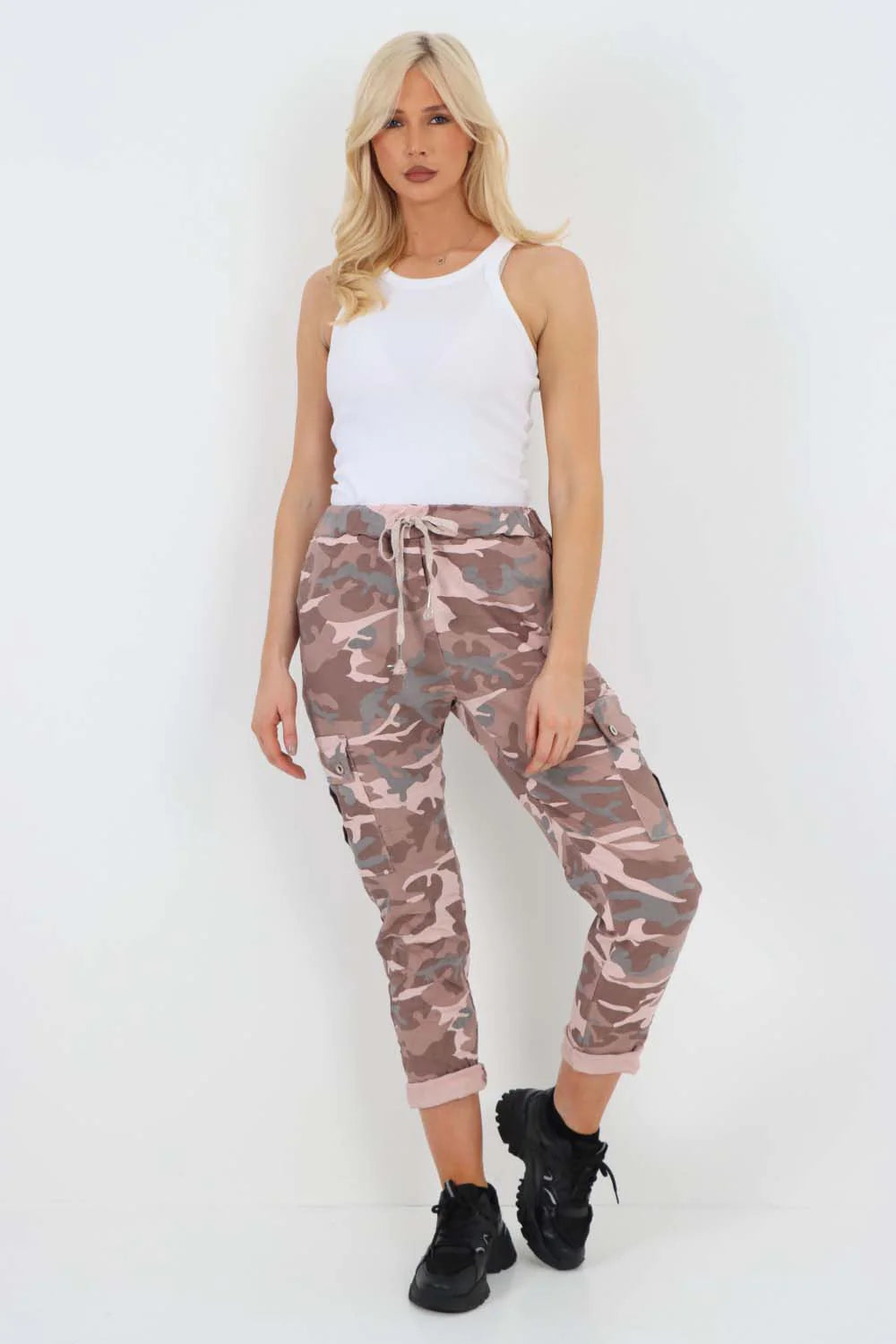 Plus Size Italian Drawstring Camo Side Pockets Cargo Trousers Trouser WearAll Pink 16
