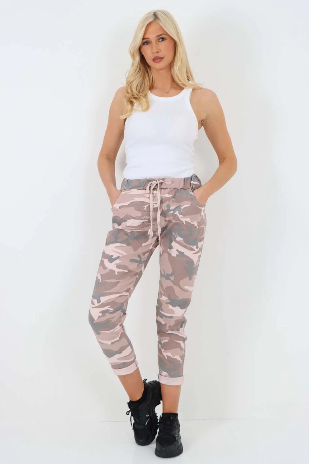 Plus Size Italian Drawstring Camo Side Pockets Trousers Trouser WearAll Pink 16