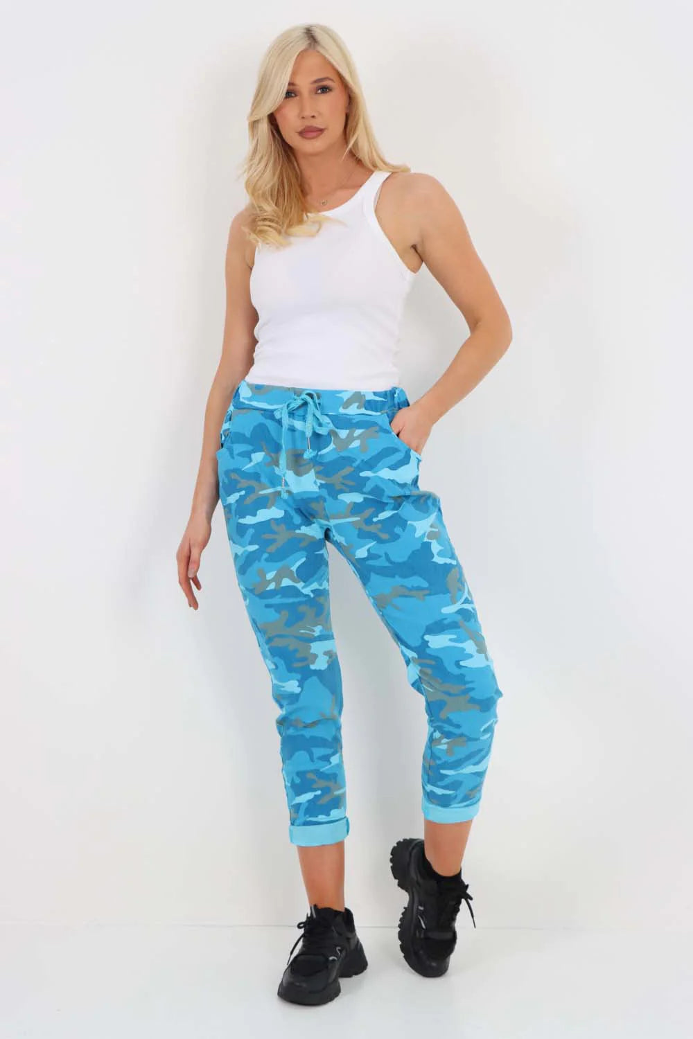 Plus Size Italian Drawstring Camo Side Pockets Trousers Trouser WearAll Turquoise 16